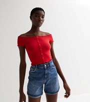 New Look Red Ribbed Jersey Frill Button Front Bardot Crop Top